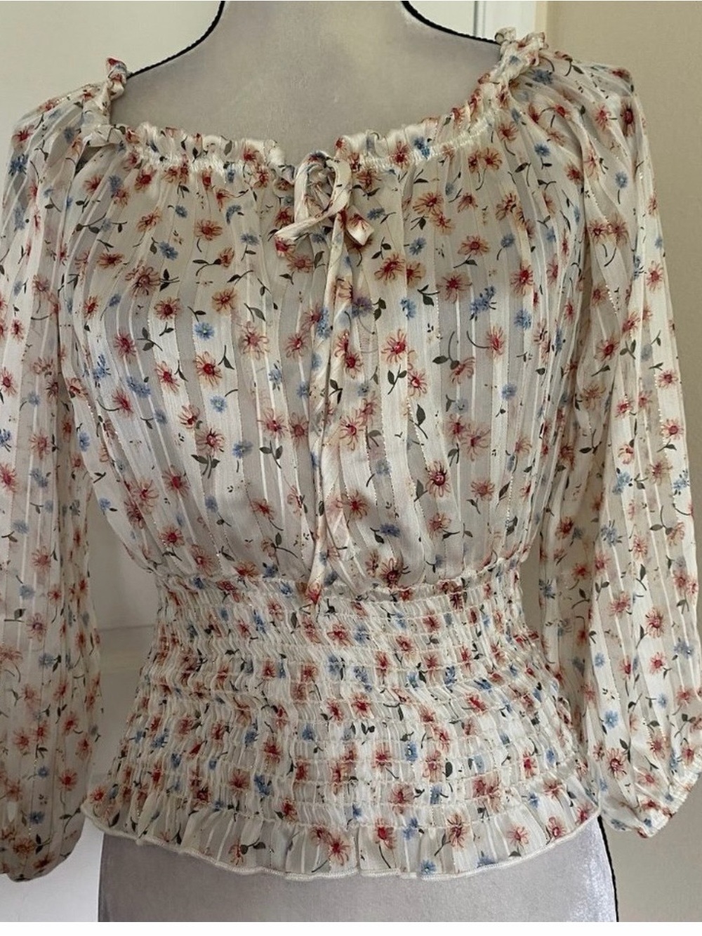 Papaya Cream Blouse with Red & Blue Floral Accents